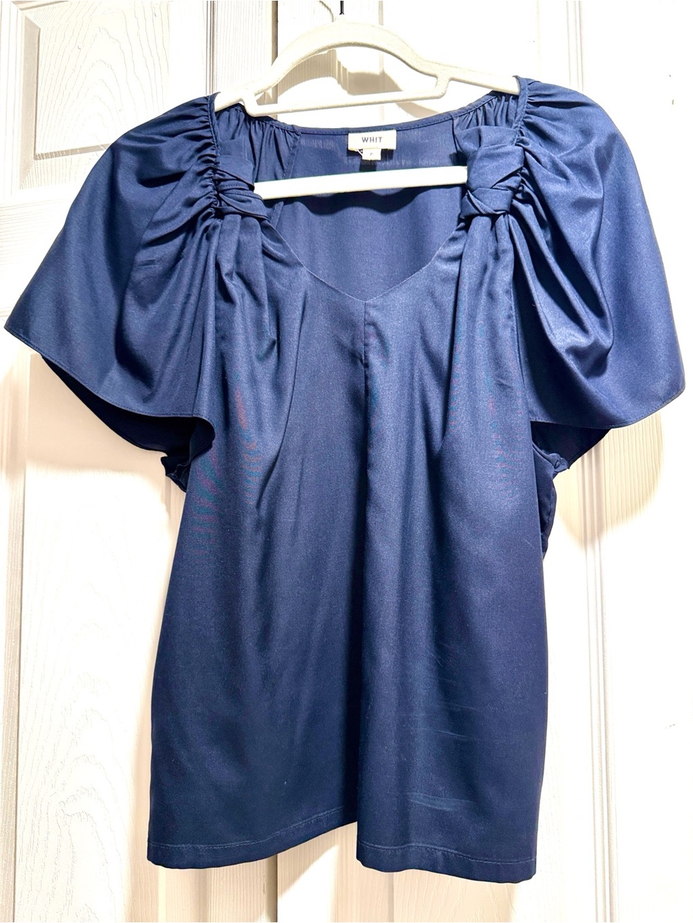 WHIT Navy Ruched Shoulder Puff Sleeve Top